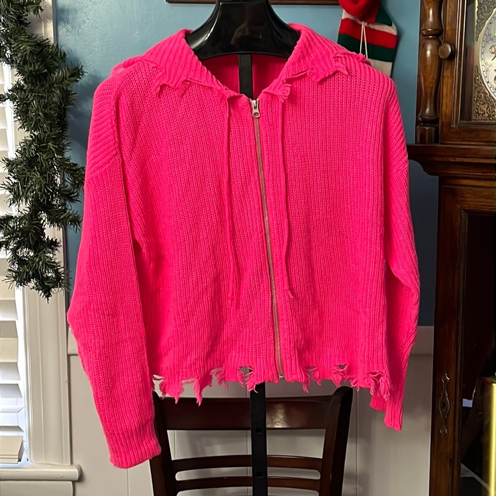 RUNWAY 7 hot pink, 3/4 length, long sleeve, hooded full zip sweater, cutout edge